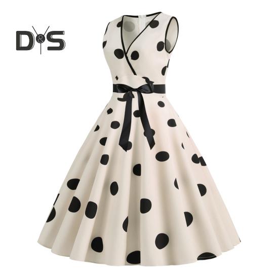 Sukienka wieczorowa dla kobiet w stylu vintage, kontrastowe kropki, nadruk w kropki, kokarda w talii, linia A, duży rozkloszowany, wąska talia, bez rękawów, odkryte plecy, dekolt w serek, sukienka midi w stylu księżniczki