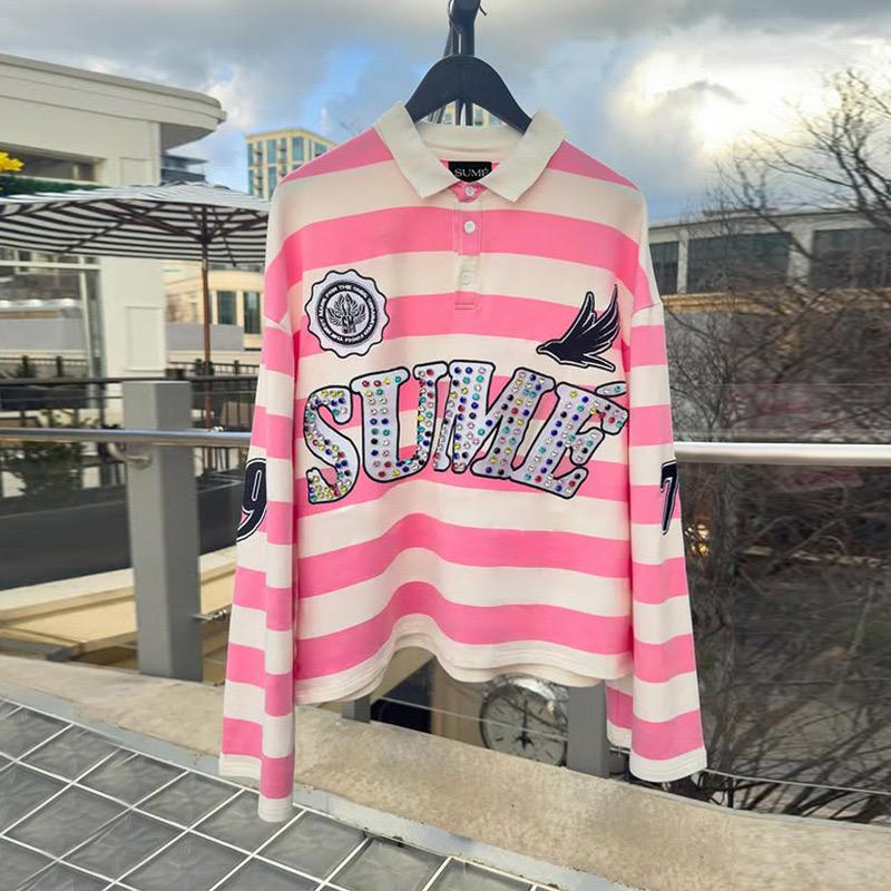 

Рубашка-поло RogueWave в стиле хип-хоп с вышивкой и полосками, Y2k, ретро-мода, классическая рубашка с отложным воротником, футболка с длинным рукавом 3XL розовый