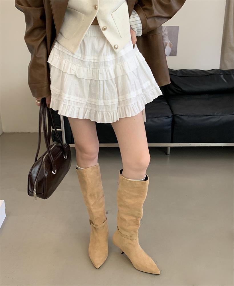 

Корейская версия замшевые остроносые плиссированные персонализированные тонкий каблук высокие сапоги 2025 осень и зима новая модель рукав не устают но сапоги до колена 39 хаки