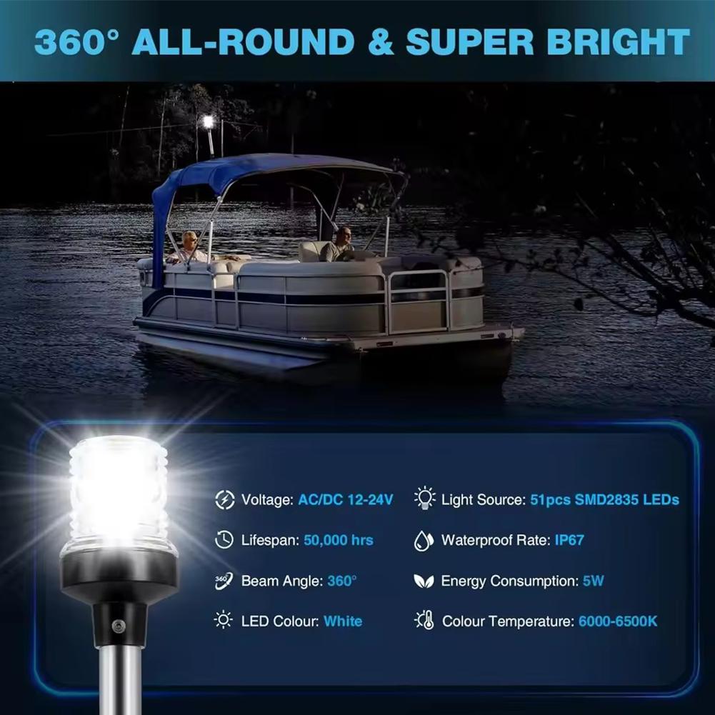 Anchor Light Boat Stern Light Waterproof 9 Inches, White Fold Down Marine Navigation Lights for Boats LED for Pontoon