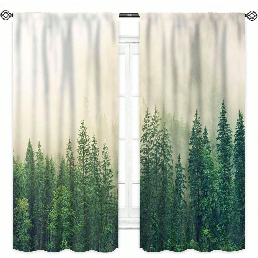 Green Forest Curtains  Misty Forest Nature Landscape Curtains Woodland Pine Tree Scene Mountain Window Drapes For Living Room Bed