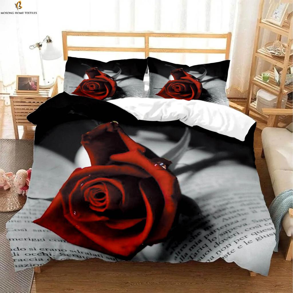 Vintage Wine Red Rose Print Quilt Cover Bedding Set Quilt Cover Pillowcase Romantic Valentine's Day Gift Three-Piece Set