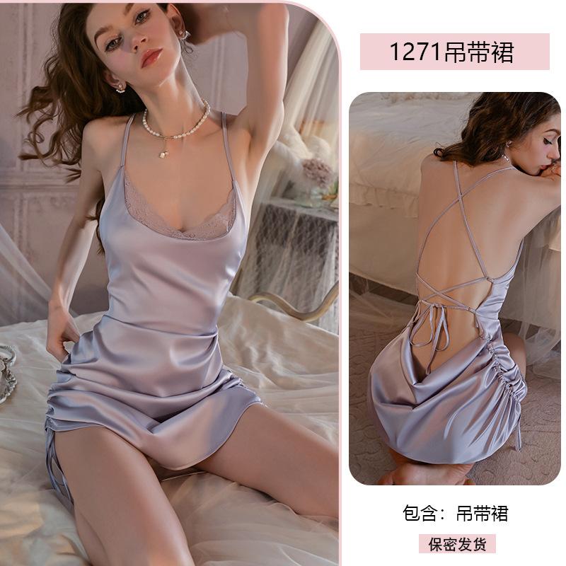 Yiyue sexy suspender lace temptation nightdress satin pleated large size erotic underwear home pure desire pajamas 1111