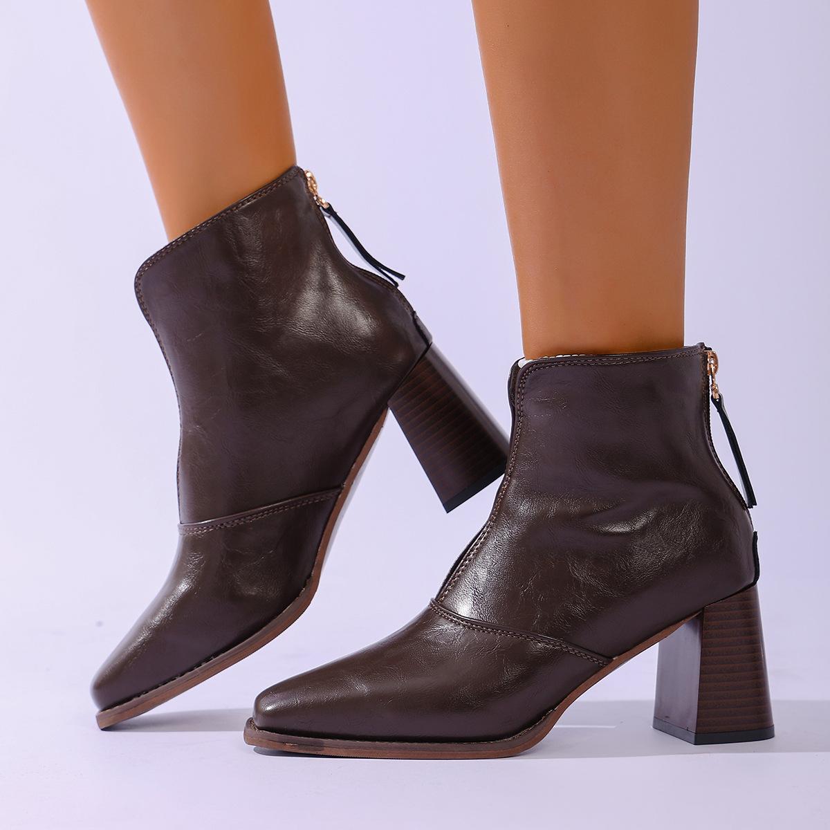 

Ретро квадратный носок высокий каблук короткие ботинки женские 2025 осень и зима новая мода универсальные ботинки Мартин задняя молния толстый каблук тонкие ботинки 42 темно-коричневого