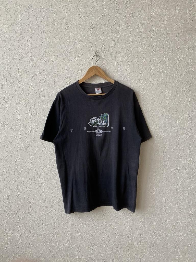 Vintage 1990s Texas Graphic Black Cowboy Boots Hat Western Trashed T Shirt