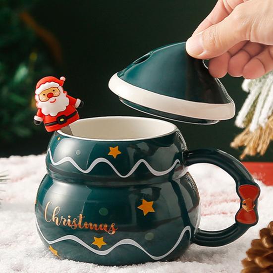 Weihnachts-Keramiktasse mit Deckel und Löffel 480ml Großes Fassungsvermögen Kaffee-Tee-Tasse