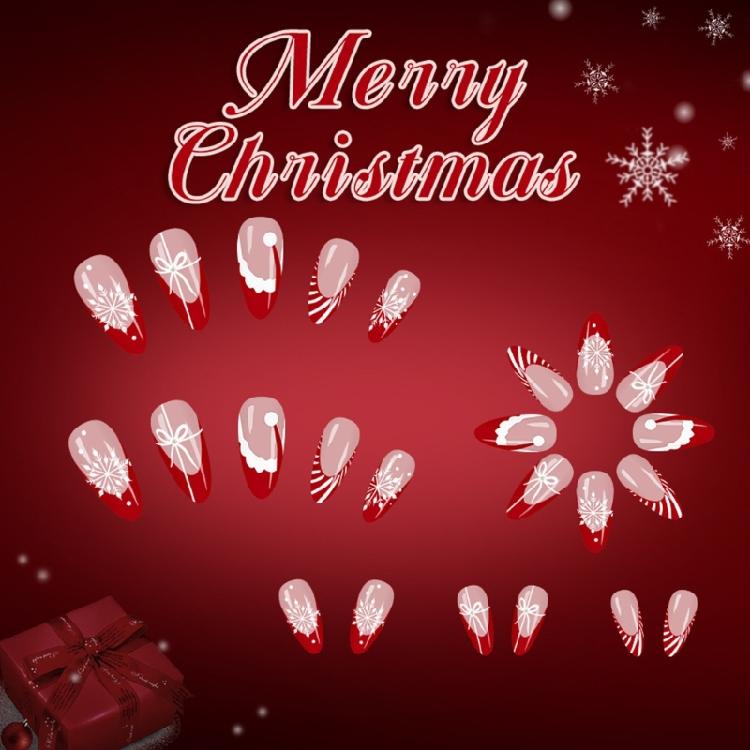 24 Stück Glitzer Französische Maniküre Rot-Weiß-Streifen Schneeflockenmuster Aufstecknägel Weihnachtsfeier Tragen Falsche Nägel