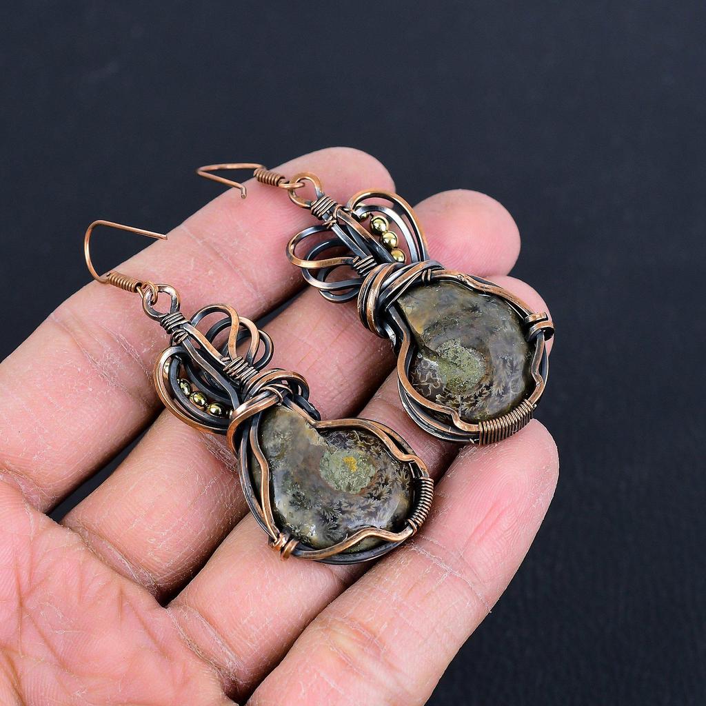 Ammonite Fossil Earrings, 999 Copper Wire Wrapped Earrings, Handmade Gemstone Jewelry Earrings For Memorial Day