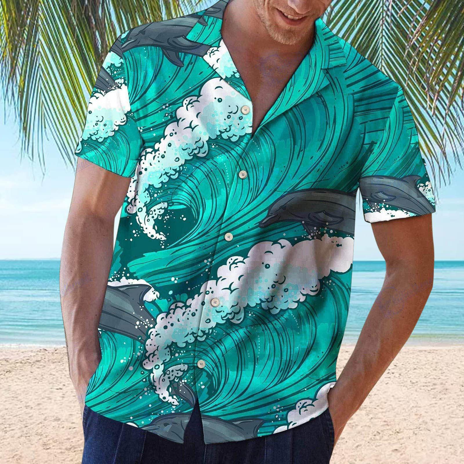 

Мужская повседневная свободная пляжная рубашка с гавайским принтом и коротким рукавом с лацканами XXXL зелёный