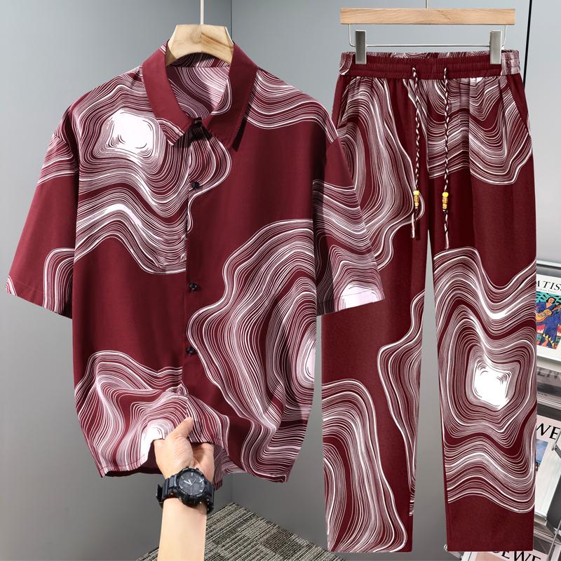 

Men s Plus Size Summer Abstract Print Shirt & Pants 2-Piece Set (4XL-10XL) 10XL(150kg-160kg) червоний