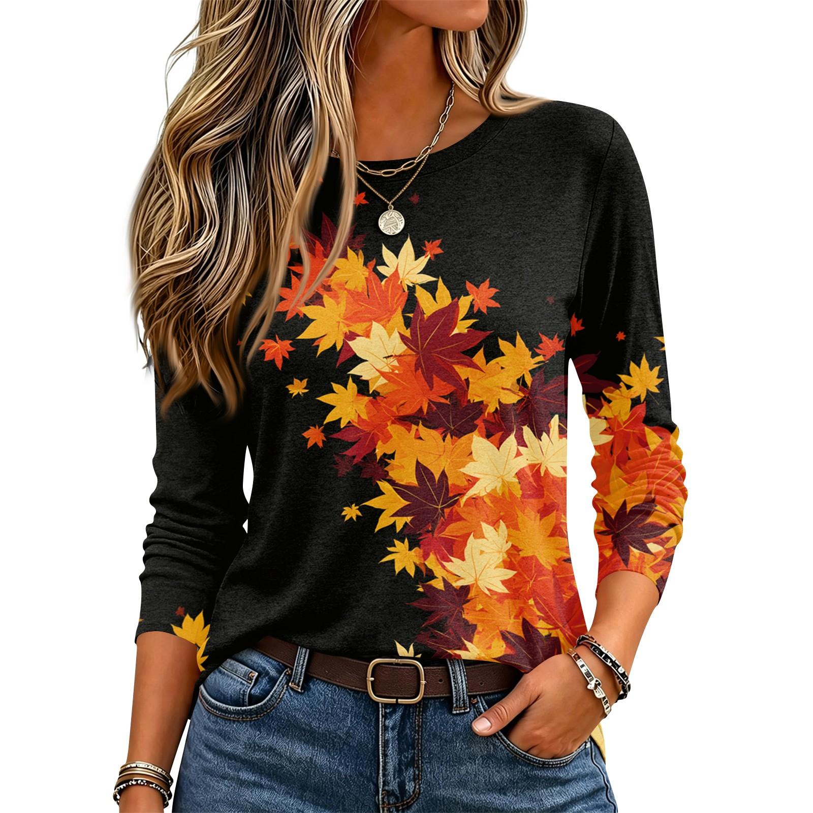 Women s Fashion Leaf Print Neck Long Sleeve Pullover Top XXL