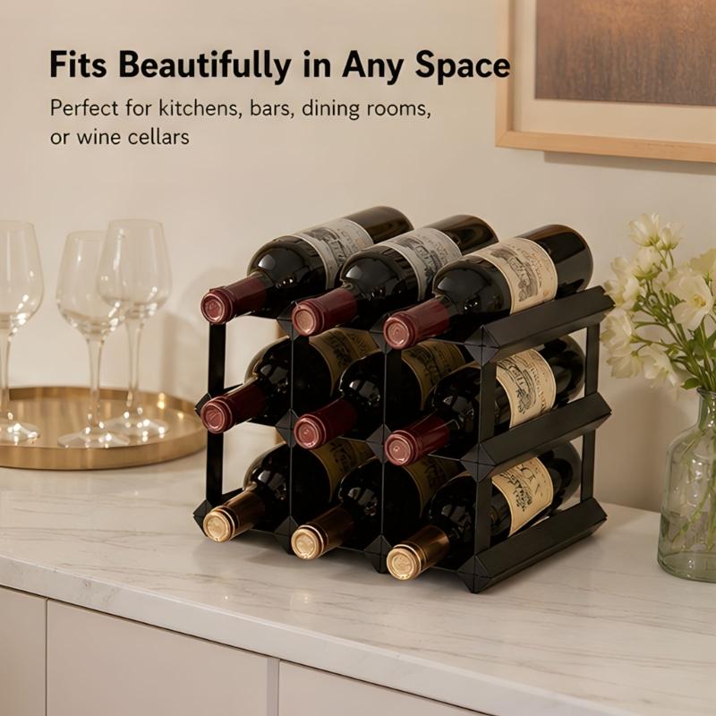 Horizontal Wine Bottle Holder 9 Bottle Countertop Rack, Freestanding Black Display Frame for Kitchen Counter and Dining Table Room Use