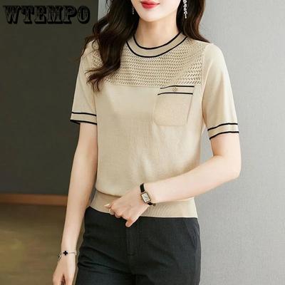 Damen-T-Shirt aus Eisseide, kurzärmelig, für den Sommer, Hohlstrickpullover, halbärmelig, Rundhalsausschnitt