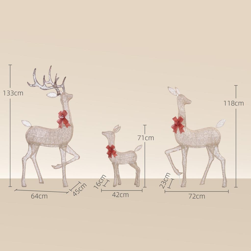 3 light-up Christmas deer, shaped as a deer family, light-up Christmas reindeer, in steel, 283 warm white LED, gold