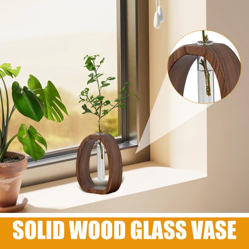 Elegant walnut glass design Creative Hydroponic Plants Container With Wood Frame Transparent Glass Tube Vase Bonsai Home Decor