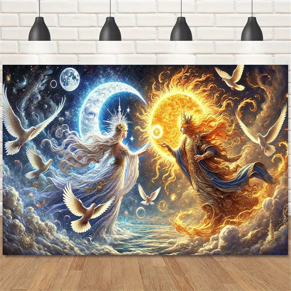 Sun And Moon Gods Wall Tapestry Fantasy Mythology Art Spiritual Celestial Decor Wall Hanging Witchy Room Yoga Space Altar Gift