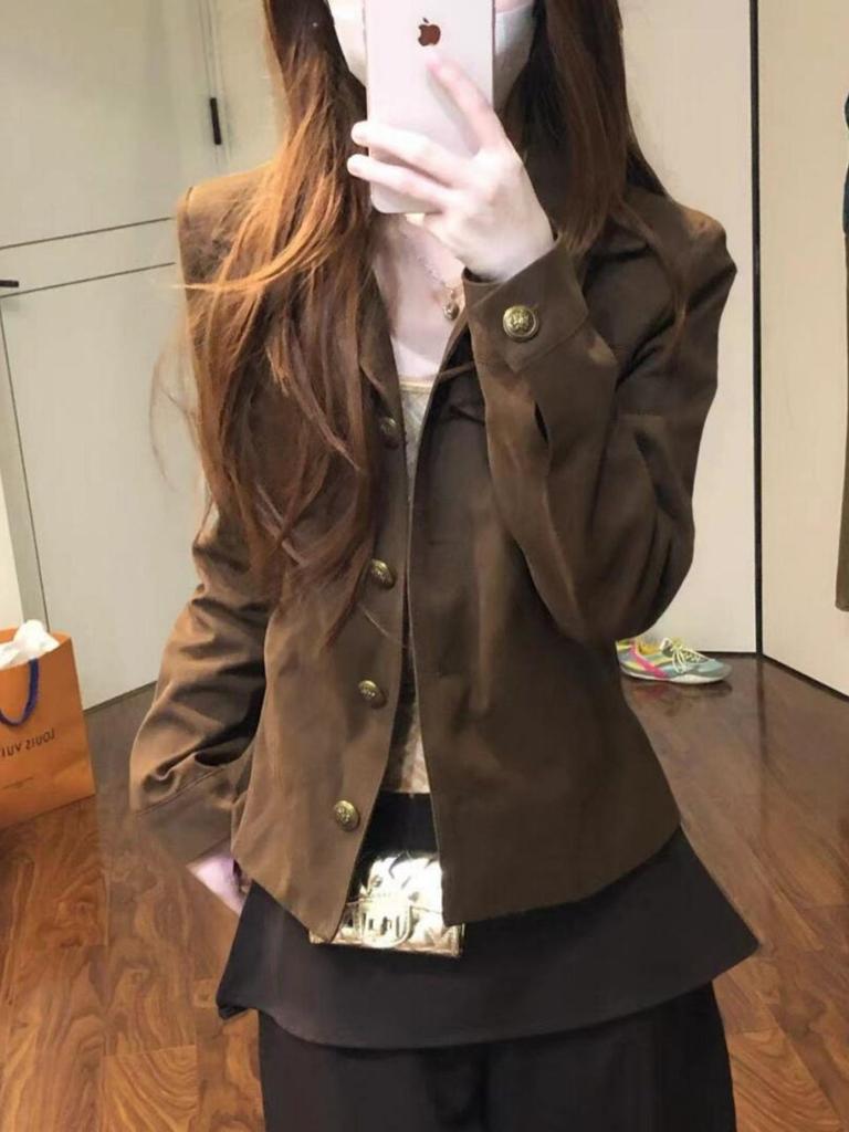 Women's Turn-Down Collar Brown Workwear Jacket, Petite Short Style, Early Autumn American Design