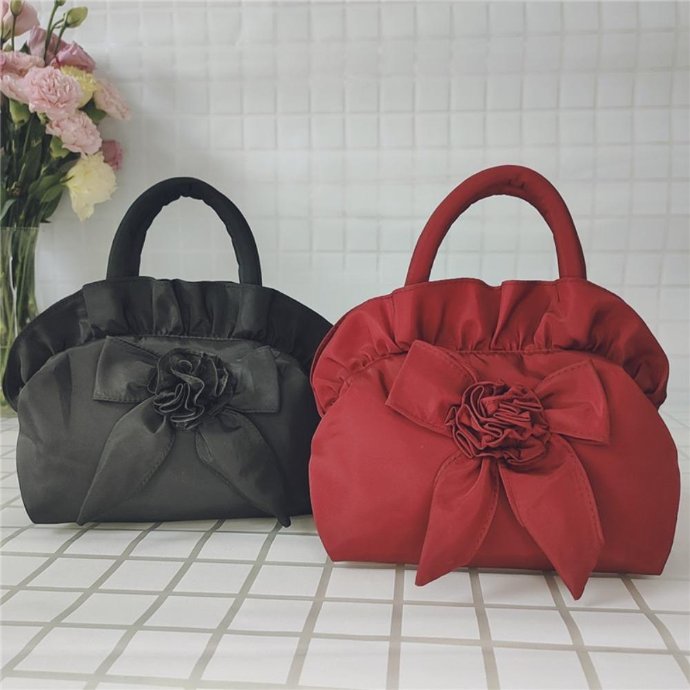 1pc Women's Floral Bow Handbag - Medium Zipper Closure Summer Tote, Durable Polyester with Spacious Interior, Hand Wash/Dry Clean