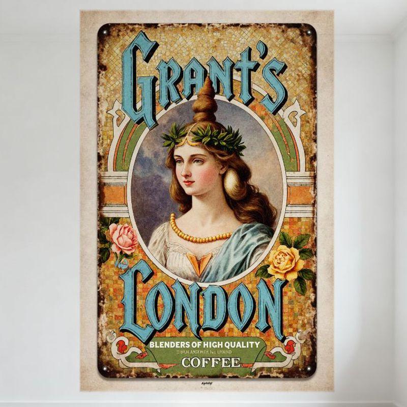 

Vintage Grant s London Coffee Tin Sign with Ornate Woman Illustration - Metal Wall Decor for Bar Pub Cafe, Established 1800 20x30cm（7.8x11.8inch）
