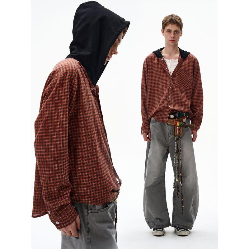 Madwitch Retro Plaid Hooded Long-Sleeved Shirt for Men and Women, Loose Casual Vibe, Versatile for Work Clothing, Early Autumn Shirt
