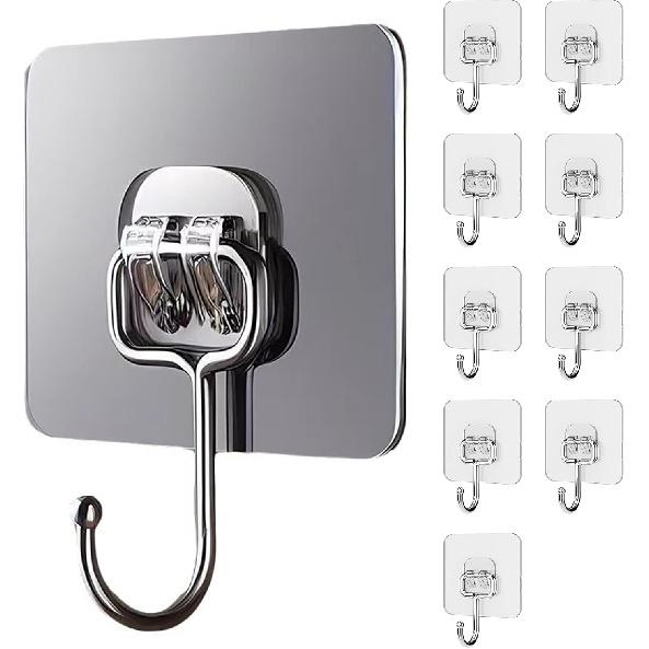 Transparent Heavy Duty Adhesive Hooks for Walls - Clear Hooks for Hanging, No Damage, Strong for Heavy Duty Use, Ideal for Kitchen