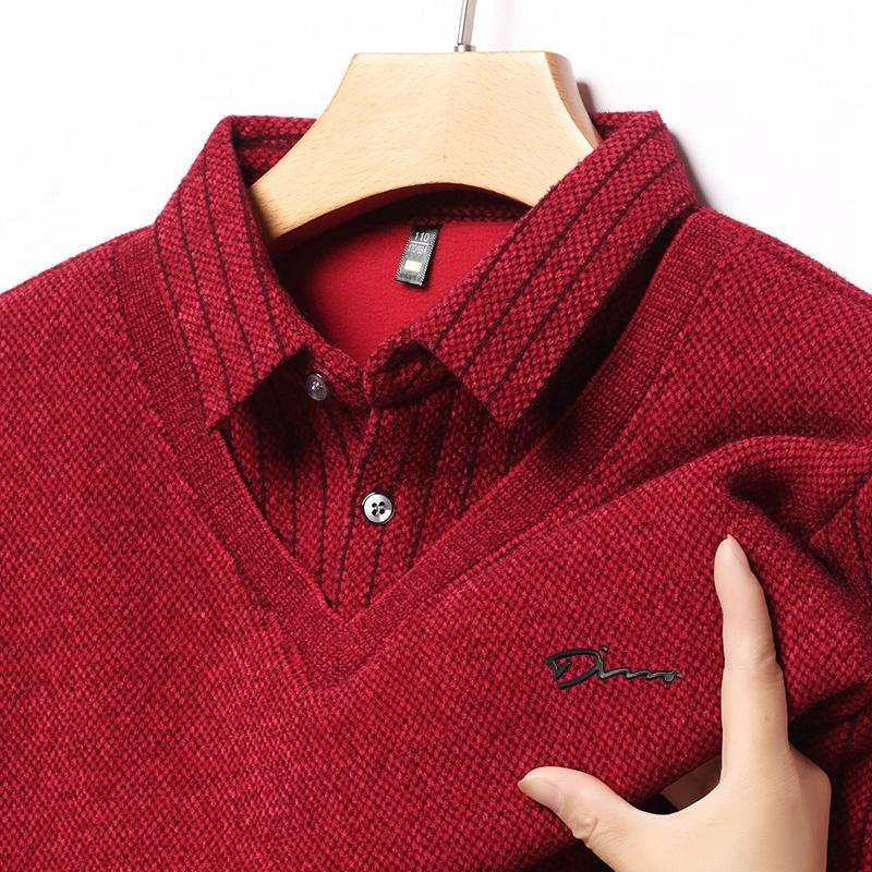 

Men s Lapel Fake Two-Piece Long Sleeve T-Shirt Winter Print Plush Thickened Pullover Knitted Casual Menswear M