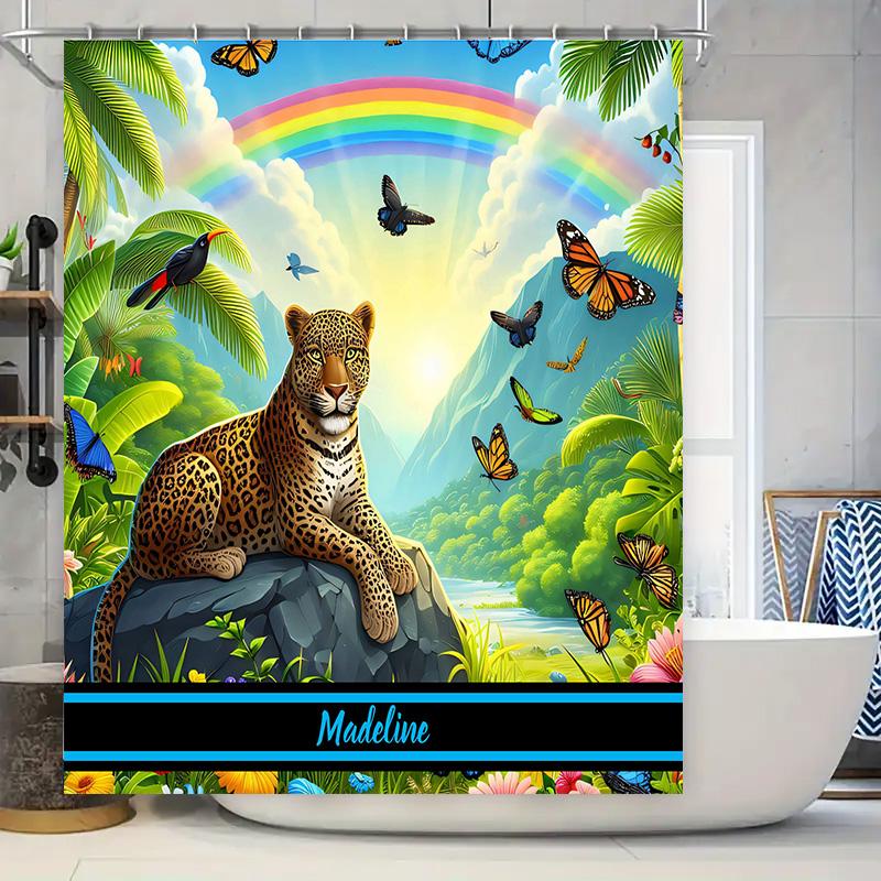 

Bright Rainforest Shower Curtain Leopard Print Custom Name Kids Bathroom Decor Printing 72 X 84 Inches W60H190(CM)-1 Pcs