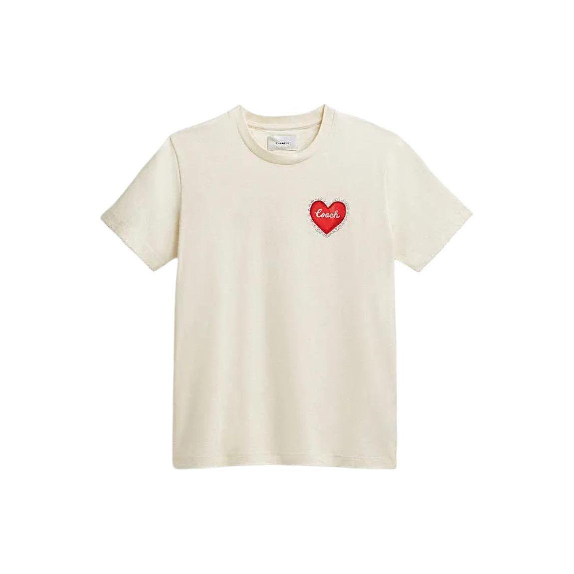 Coach Heart Letter Pattern Printed Round Neck Short Sleeve T-Shirt Women Tops White CQ142-WHT S