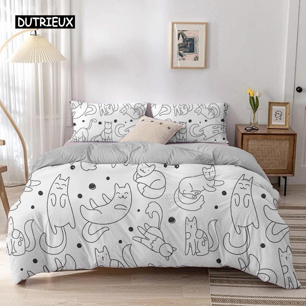 Sada povlečení na peřinu s kreslenou kočkou, sada ložního prádla s kresleným zvířecím potiskem a povlakem na polštář, 2/3dílná přikrývka do ložnice