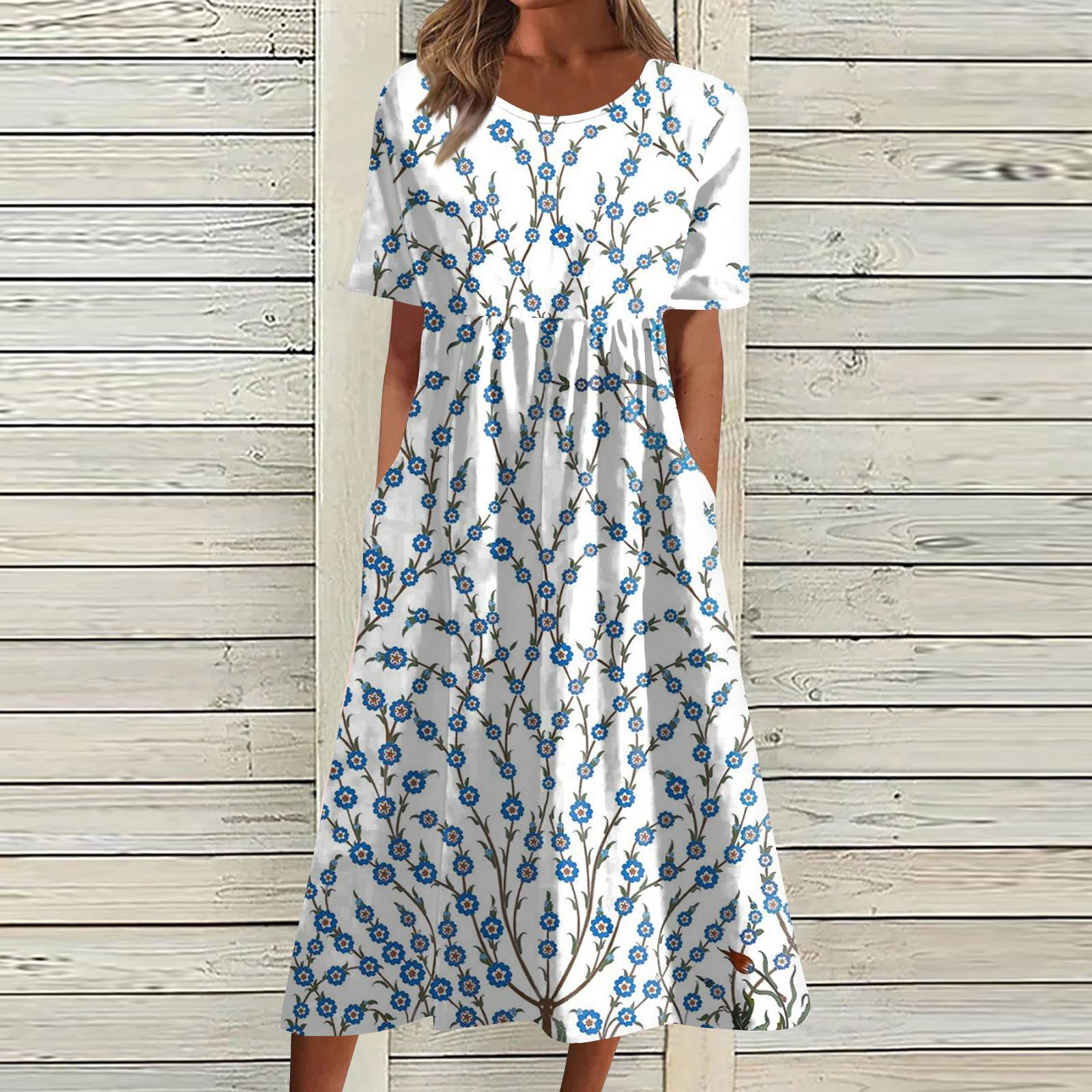 

Жен. Повседневные платья Платья с принтами Летние платья С принтами Плиссированные платья-миди с круглым вырезом Классический Классический На открытом воздухе Повседневные С короткими рукавами Свободные платья L синий