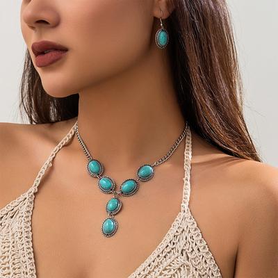 Retro Etnisch Turkoois Ketting Set, Modieuze Punk Metalen Ketting Sleutelbeen Ketting.
