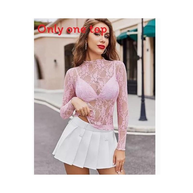 Sexy Lace Long Sleeve Shirt For Women With Sheer Mesh Fabric For Casual And Office Wear
