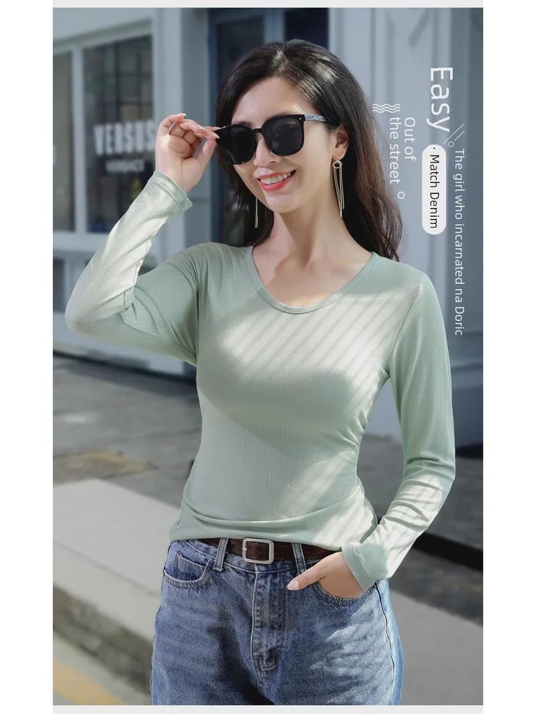 2025 Slim V-Neck Ribbed Long-Sleeve Top - Versatile Solid Color for Women's Layering