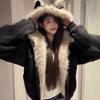 Black Fur Collar Padded Cat Ear Jacket Men's and Women's Autumn and Winter Thickened Couple's Cotton-padded Clothes Cotton-padded Clothes