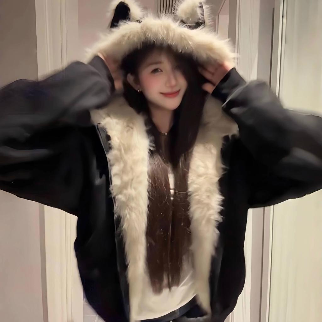 Black Fur Collar Padded Cat Ear Jacket Men's and Women's Autumn and Winter Thickened Couple's Cotton-padded Clothes Cotton-padded Clothes