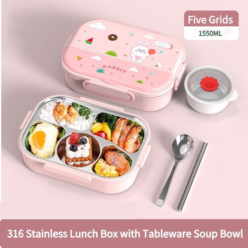 Scatola Pranzo Acciaio Inossidabile 1550ML Bambini Scuola Kawaii Bento Box Contenitore Portatile Sigillato per Conservazione Cibo per Studenti Lavoratori d'Ufficio
