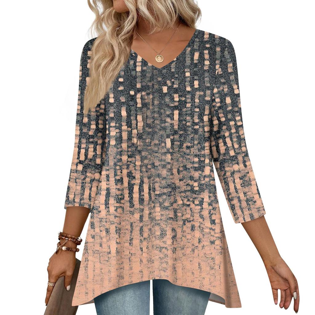 Women 3/4 Sleeve Tunic Prints Tops For  Loose Fit Casual Blouses V Neck T Shirts With Asymmetrical Hem