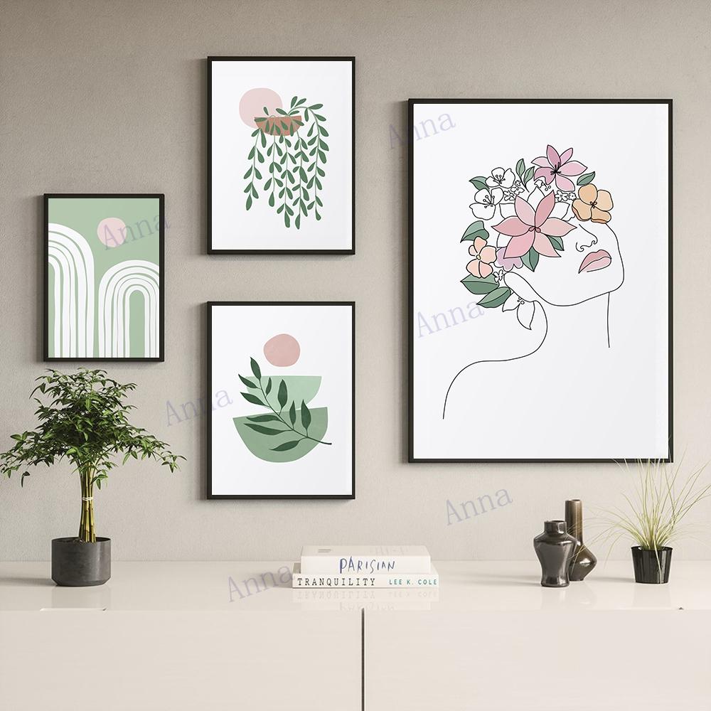 Botanical Gallery Poster Sage Green Blush Pink Leaf Sun Rainbow Canvas Wall Picture Art Abstract Boho Minimalist Decor Painting