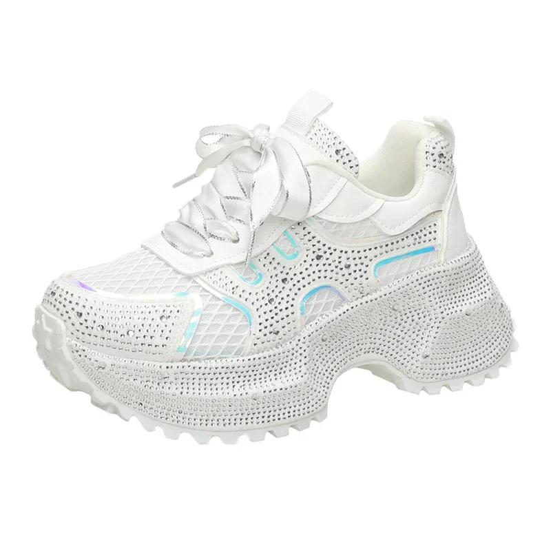 Fashion 7cm Summer Luxury Designer Women Daddy Rhinestone Sneakers Thick Bottoms Mesh Pink Sweet Ladies Tenis Platform Shoes Spring