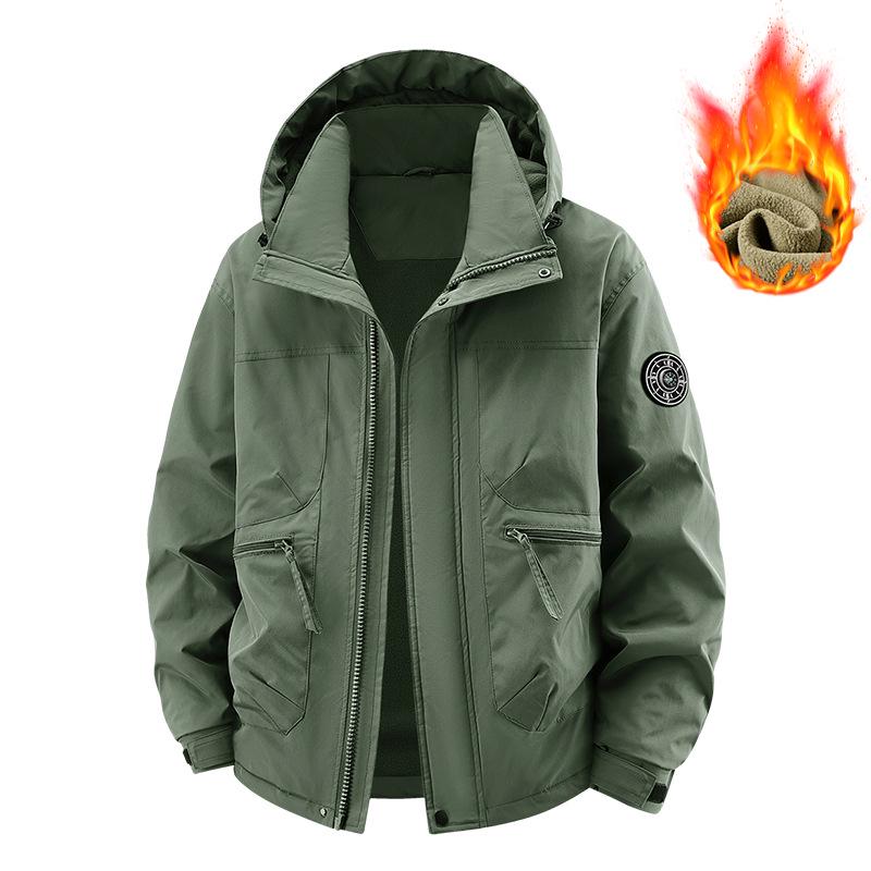 Winddichte Kapuzenjacke mit Fleecefutter, Arbeitsmantel mit mehreren Taschen, Lässiger lockerer Schnitt für Frühling und Herbst, Ideal zum Angeln und Fotografieren.