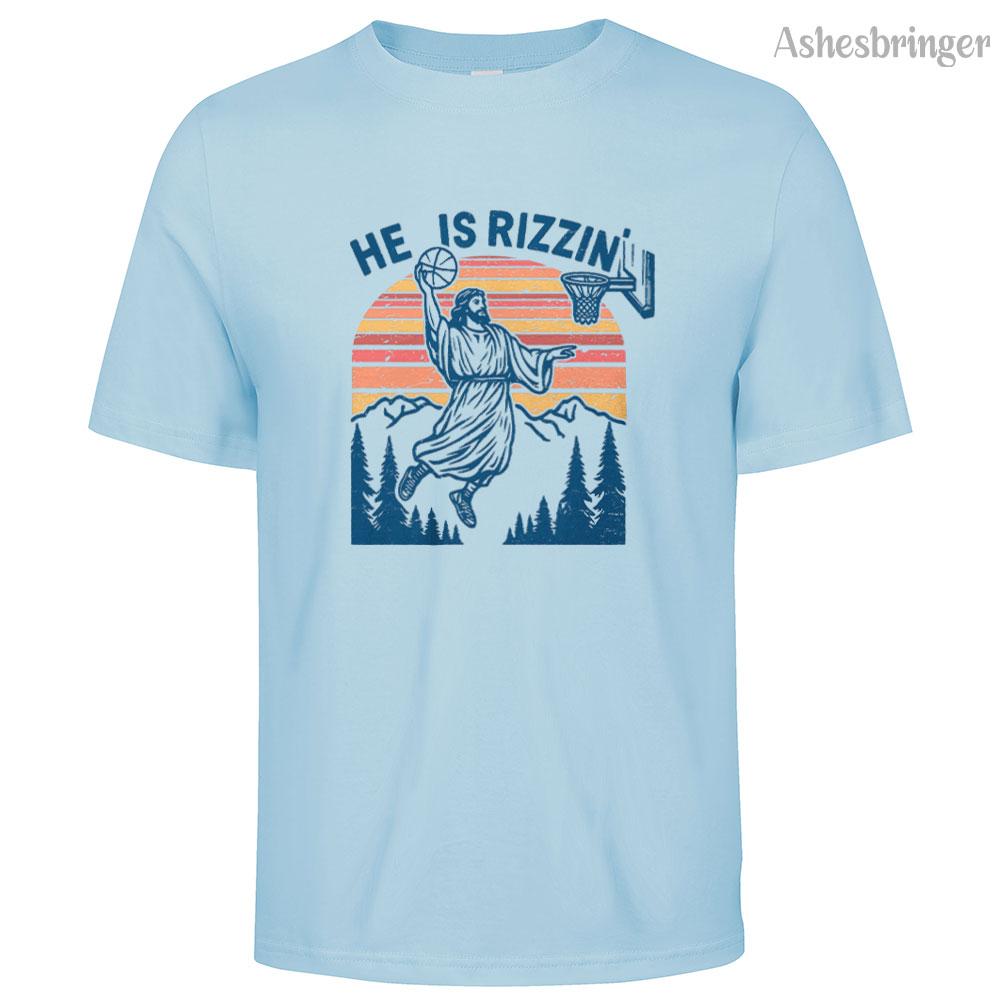 Mens Cotton He Is Rizzin Graphic Easter Jesus Christian Basketball T Shirt Street Casual Style Tee for Men and Women