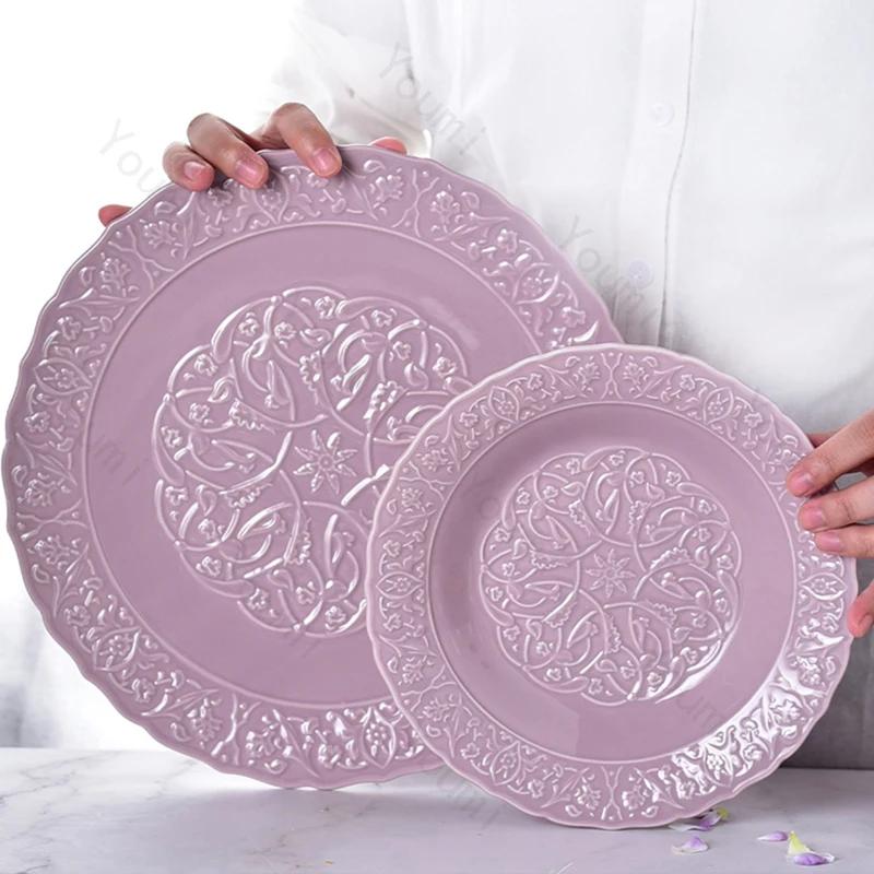 High End French Style Ceramic Plates Fashion Relief Purple Dinner Plate Household Soup Bowls Ramen Noodles Bowl Dishes Tableware