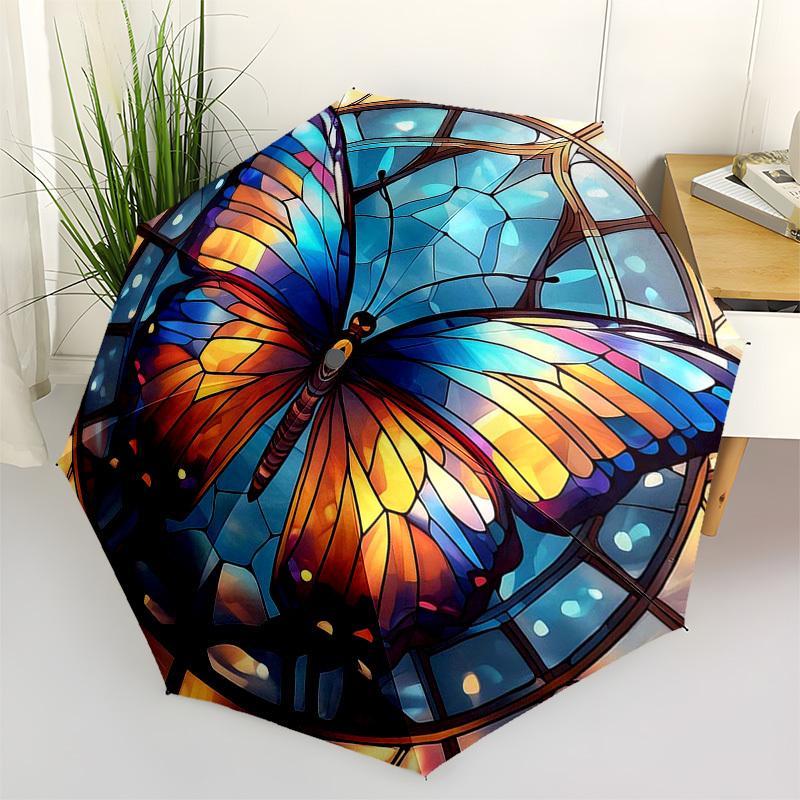 1pc Stained Glass Butterfly Design Automatic Opening Folding Umbrella with 8-Bone Iron Frame - Portable Outdoor for Fans, Travelers, Everyday Use, Fes