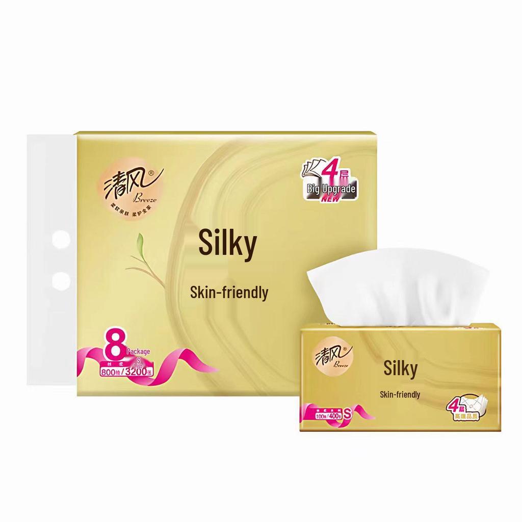 Gentle Breeze Silk Soft 4-Ply Facial Tissues, 100 Sheets/Pack, 8 Packs/Bundle - S Size Napkins