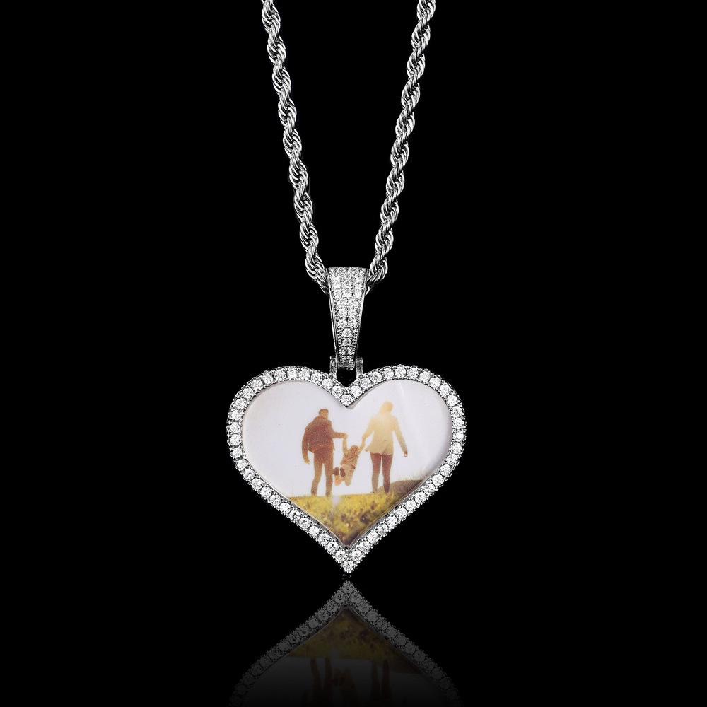 Personalized Men's Heart Pendant: European & American Hip Hop Necklace with Zircon-Embellished Photo Frame