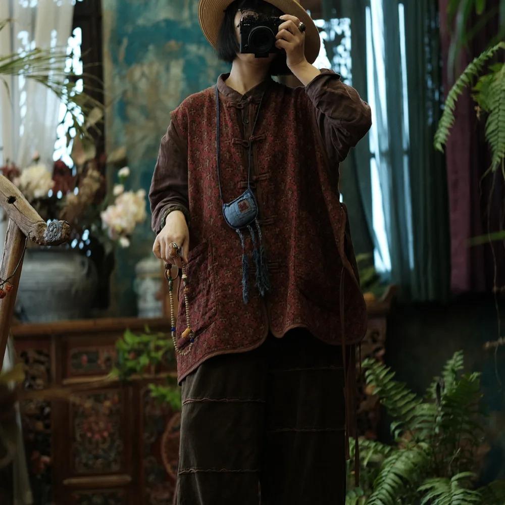 Johnature Women Vintage Print Floral Vests Coats Button Sleeveless V-Neck Autumn Chinese Style Pockets Vests