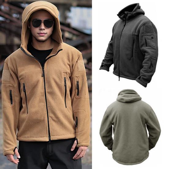 Herren Fleecejacke mit Kapuze, Thermo-Windjacke, durchgehender Reißverschluss, Plüschmäntel für Herbst und Winter mit Taschen für Safari, Wandern, Arbeitskleidung