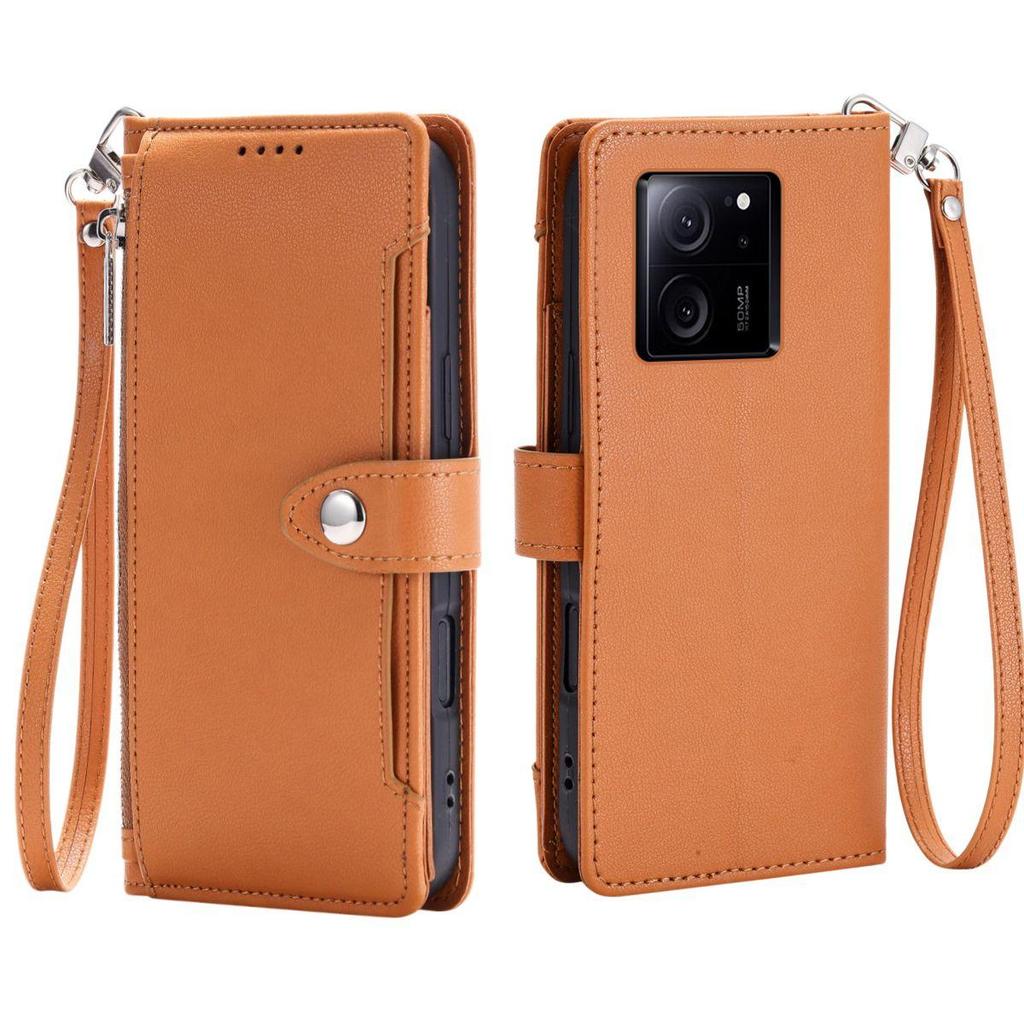 Zipper Pocket Wallet Flip Leather Phone Case for Xiaomi 13T Pro Multi Card Slots Kickstand Cover Wrist Strap