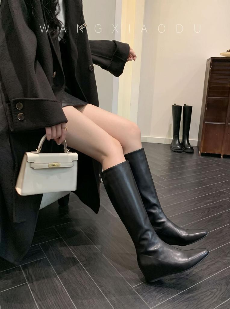 Invisible inner heightening boots women's new pointed matte western tall boots slim straight knight women's boots