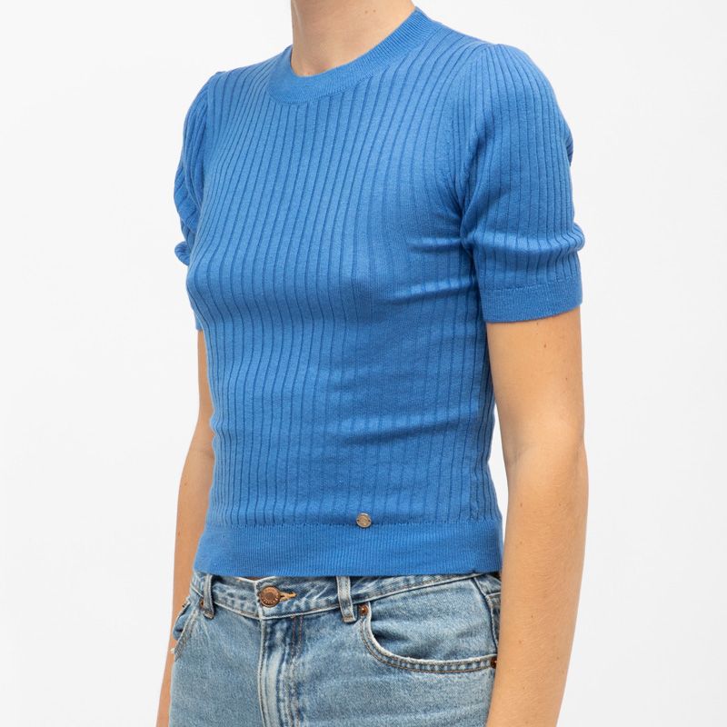 Blue Ribbed Knit Short-sleeved Sweater Woman LA PETITE ETOILE